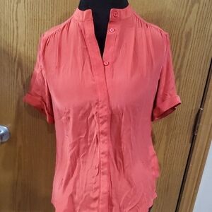Frame Denim Red Button Down Silk Mock Collar Blouse